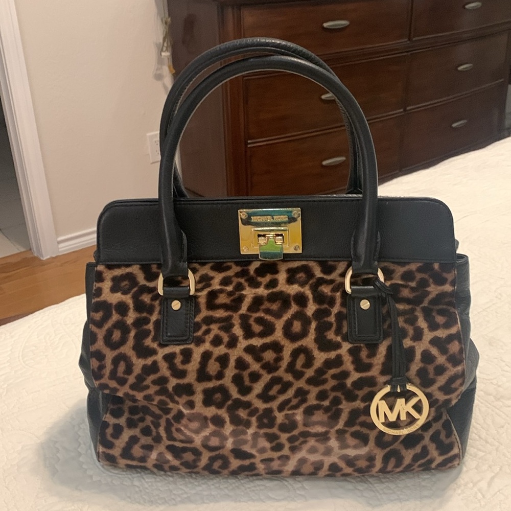 Michael Kors Leopard Calf Hair Tote Bag with Black Leather & Gold Accents - Picture 15 of 16
